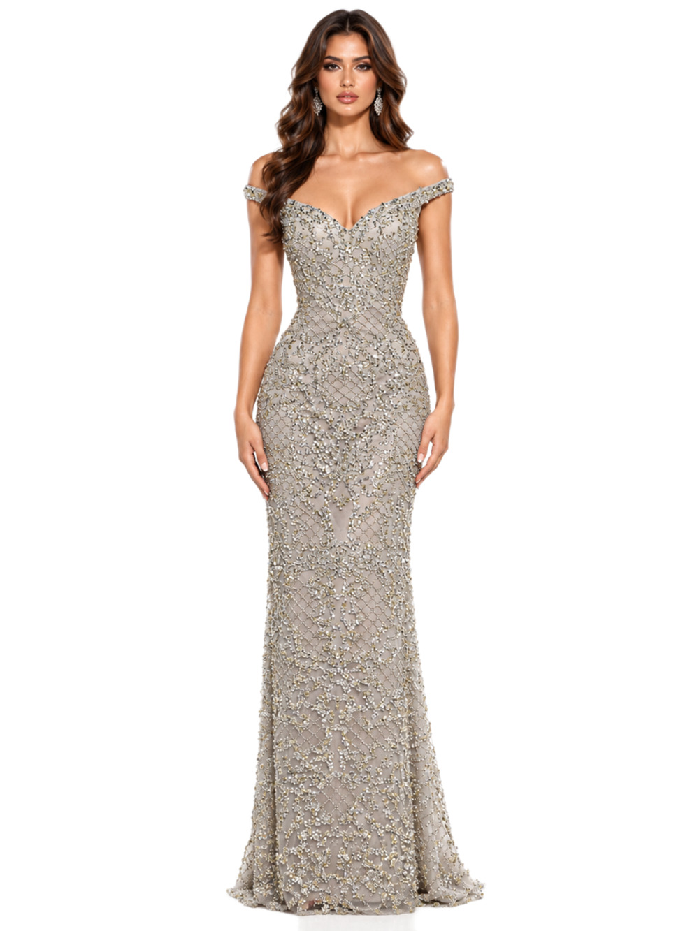 Terani Couture Silver Crystal Sequin Off-Shoulder Evening Gown – Size 14 / XL